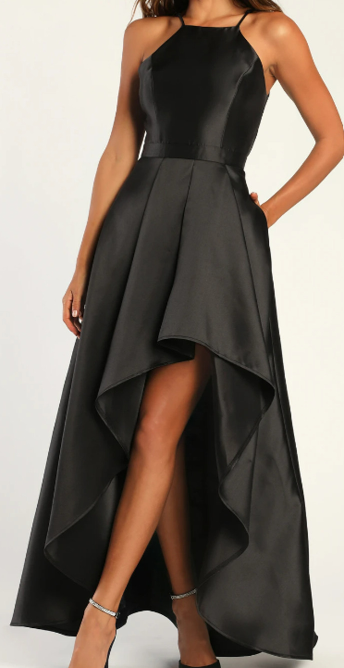 LULU'S SZ M Broadway Show Black High-Low Halter Maxi Formal Gown Dress NWT b53